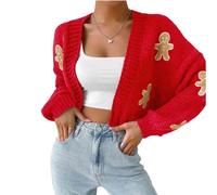 Gingerbread Cardigan, Gingerbread Sweater Women, Christmas Open Front Cropped Cardigan Sweaters(Red,M)