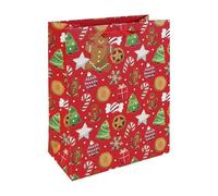 Gingerbread Christmas Large Red Gift Bag 33cm - Festive Paper Present Bag with Ribbon Handles & Gingerbread Man Tag