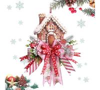Gingerbread Christmas Wreath, Artificial Seasonal Door Sign, Farmhouse Style, Festive Accents, Brown Green Red Color Porch Courtyard Tree Patio School Window Classroom Holiday Decor