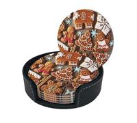 Gingerbread Cookies Print Chic Round Leather Coasters – Set Of 6 Full-Print Coasters In A Premium Pu Leather Storage Box
