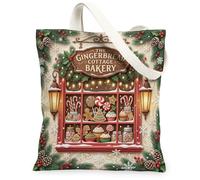 Gingerbread Cottage Bakery Holiday Theme House Canvas Tote Bag 13x15 Inch | Festive Bakery Storefront, Pine Branch Accents, Nostalgic Winter Atmosphere, Sweet Candy Shop Display
