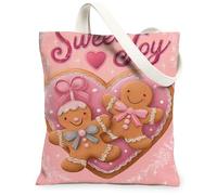 Gingerbread Heart Canvas Tote Bags, Sweet Joy Design Lightweight Washable Reusable Grocery Bags for Holiday Shopping Travel Beach 13x15 Inch