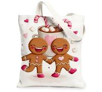 Gingerbread Holiday Canvas Tote Bags, Cute Sweet Design Reusable Bags, Winter Lightweight Washable Shoulder Strap Canvas Fo, White, 13x15 Inch