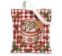 Gingerbread Hot Cocoa Winter Quote Mug Christmas Canvas Tote Bag 13x15 Inch | Gingerbread Biscuits, Cinnamon Sticks, Holly Leaves, Red White Gingham, Winter Cozy Aesthetic
