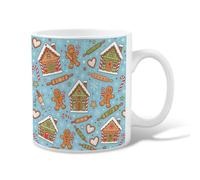 Gingerbread House And Biscuits Pattern Christmas Ceramic Coffee Mug 11oz | Gingerbread Men, Tea Cup, Candy Canes, Rolling Pins, Snowy Background, Winter Kitchen Decor, Cozy Baking Theme