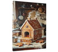 Gingerbread House Canvas Wall Art, Brown Biscuits Poster Prints, Winter Holiday Kitchen Aesthetic Wall Hanging Decor For Living Room, Dining Room, Unframed 12x16 Inch