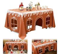 Gingerbread House Christmas Tablecloth - Festive Winter Holiday Painting Table Cover, Interactive Playhouse with Playful Cut-Out Windows for Party Dining Room Kitchen Decor (S(120x150cm))