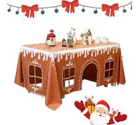 Gingerbread House Christmas Tablecloth, Gingerbread House Tablecloth for Party Dining Room Kitchen Decor, Interactive Playhouse with Playful Cut-Out Windows (91 inch × 118 inch)