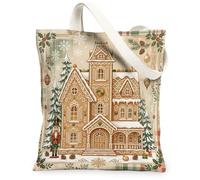 Gingerbread House Christmas Theme Canvas Tote Bag 13x15 Inch | Nutcracker Motif, Winter Pine Trees, Snowflake Accents, Nostalgic Seasonal Theme, Festive Home Decor Style