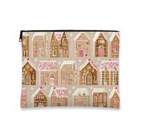 Gingerbread House Cosmetic Bag, Holiday Winter Style Portable Small Canvas Zipper Pouch for Women, Cute Skincare Toiletry Organizer, Brown, 7x9 Inch