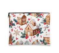 Gingerbread House Cosmetic Bag, Winter Holiday Makeup Pouch for Women, Portable Small Canvas Zipper Organizer, Christmas Skincare Toiletry Bag, White, 7x9 Inch, Bag