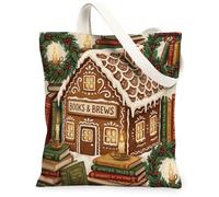 Gingerbread House Cozy Winter Reading Quote Canvas Tote Bag 13x15 Inch | Vintage Book Stacks, Glowing Candlelight, Holiday Wreaths, Cozy Winter Aesthetic, Literary Theme