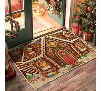 Gingerbread House Door Mat, Christmas Festive Candy Hearts Xmas Brown Rubber Non-Slip Doormats for Floor Home Decor for Entryway Outdoor Porch Balcony 29x17 Inch
