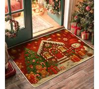Gingerbread House Door Mat, Christmas Festive Snow Man Xmas Tree Red Washable Low Profile Doormats for Floor for House Office Outside Inside Entrance Decor 29x17 Inch