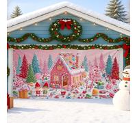 Gingerbread House Garage Door Cover, Colorful Sweet Treats Winter Decorations, Festive Holiday Outdoor Decor for Christmas 157x71 Inch