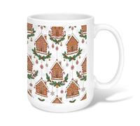 Gingerbread House Holiday Pattern Christmas Ceramic Coffee Mug 15oz | Candy Cane Ornaments, Coffee Cup, Winter Holly, Fanciful Baking Theme, Cozy Seasonal Beverage Mug