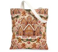 Gingerbread House Holiday Theme Christmas Canvas Tote Bag 13x15 Inch | Candy Cane Accents, Winter Greenery, Fanciful Illustration, Cozy Seasonal Theme, Lightweight Linen-Texture