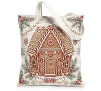 Gingerbread House Holiday Theme Christmas Canvas Tote Bag 13x15 Inch | Peppermint Candy Accents, Pine Branch Motifs, Winter Snowflake Patterns, Nostalgic Holiday Theme, Cozy Winter Aesthetic