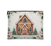 Gingerbread House Makeup Bag, Vintage Holiday Cosmetic Pouch for Women, Portable Canvas Zipper Organizer, Christmas Toiletry Bag, Brown, 7x9 Inch, Gingerbread House