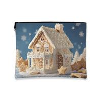 Gingerbread House Makeup Bag, Winter Holiday Cosmetic Travel Pouch for Women, Portable Small Zipper Organizer, Christmas Skincare Toiletry Bag, White, 7x9 Inch, House