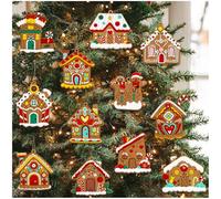 Gingerbread House Ornaments - 12pcs Christmas Tree Decoration - Plastic, Hanging, Brown, Rustic Gingerbread House, Christmas (home)