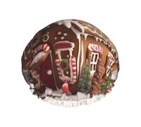 Gingerbread House Shower Cap for Women Men, Adjustable Reusable Shower Bonnet Double Layer Waterproof Bath Caps, EVA Lining, Elastic Band Hair Cap for All Hair Lengths