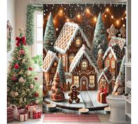 Gingerbread House Shower Curtain, Festive Brown Winter Holiday Decor, Cozy Christmas Waterproof Fabric Shower Curtain with Hooks 72x96 Inch