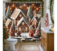 Gingerbread House Shower Curtain, Festive Brown Winter Holiday Decor, Cozy Christmas Waterproof Fabric Shower Curtain with Hooks 62x72 Inch