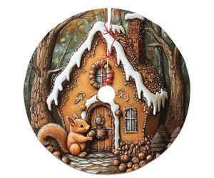 Gingerbread House Squirrel Christmas Tree Skirt, Brown Festive Decor for Winter Holiday Celebration, Cozy Woodland Home Decoration 48 Inch