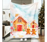Gingerbread House Throw Blanket, Christmas Fanciful Candy Cane Lollipop Xmas Brown Fuzzy Blanket Compact Decorative Aesthetic for Couch Sofa Bed Car Chair Office Desk 50x60 Inch