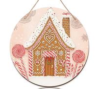 Gingerbread House Welcome Sign for Front Door, Christmas Festive Candy Cane Lollipop Xmas Brown Wood Welcome to Our Home Front Door Sign Apartment Decor Outdoor Entrance Set of 1