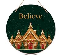 Gingerbread House Welcome Sign for Front Door, Christmas Festive Pine Trees Candy Canes Christmas Green Wood Welcome Home Front Door Sign Porch Decorations Outdoor Hanging Set of 1