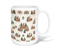 Gingerbread House Winter Village Christmas Ceramic Coffee Mug 15oz | Pixel Art Style, Drinking Cup, Snowy Winter Village, Gingerbread Cottage Motif, Pine Tree Accents