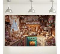 Gingerbread Kitchen Backdrop, Cozy Festive Holiday Decorations, Colorful Sweet Treats Photography Background for Christmas Parties and Events 71x43 Inch