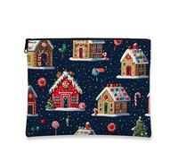 Gingerbread Makeup Bag, Winter Wonderland Cosmetic Pouch for Women, Portable Small Canvas Zipper Organizer, Holiday Toiletry Bag, Navy, 7x9 Inch