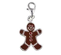 Gingerbread Man Brown Enamel Sterling Silver Clip On Charm Pendant with Lobster Clasp for Women - Compatible with Thomas Sabo Charms Bracelet - Women's Clasp Charms