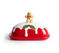 Gingerbread Man Butter Dish, Christmas Butterdish for Kitchen, Butter Dish with Lid for Countertop, Ceramic Butter Holder/Container/Tray with Lid for Serving and Cooking, Best Gift Choice (Red)