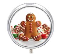 Gingerbread Man Candy Metal Pill Organizer, 3 Compartment Waterproof Pill Case with Mirror for Purse Pocket Bag, Daily Medicine Vitamin Holder, Portable Travel Med Container(Round)