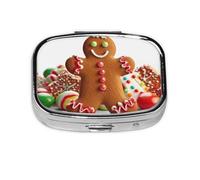 Gingerbread Man Candy Print Pill Box Square Pill Case 2 Compartment Small Metal Medicine Organizer Portable Travel Pillbox for Pocket Purse Cute Mini Pill Container to Hold Daily Vitamins