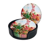 Gingerbread Man Candy Print Round Leather Coasters - Set Of 6, Ultra-Fiber Pu Leather