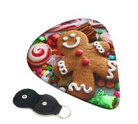 Gingerbread Man Candy Printed Guitar Picks, 6 Pack with Leather Keychain Pick Holder - 0.46mm, 0.71mm, 0.96mm Assorted Thickness for Acoustic Ukulele, Electric Guitar, Acoustic Guitar, Bass