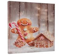 Gingerbread Man Canvas Kitchen Wall Art, Christmas Fanciful Candy Cane Gingerbread House Christmas Brown Wall Hanging Posters Artwork Prints Home Bedroom Living Room Restaurant Dining Decor 12x12 Inch
