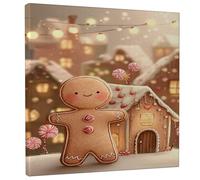 Gingerbread Man Canvas Kitchen Wall Art, Christmas Fanciful Candy Cane Gingerbread House Xmas Brown Wall Painting Hanging Art Home Dining Bathroom Cubicle Restaurant Decor 12x12 Inch
