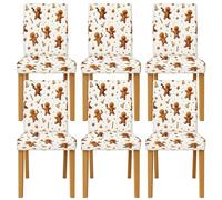 Gingerbread Man Chair Covers for Dining Chairs, Christmas Festive Candy Cane Bell Xmas Brown Spandex Washable Accents Soft Chair Slipcovers Decor for Kitchen Office Conference 6pcs