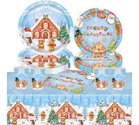 Gingerbread Man Christmas Party Tableware Set - 20 Napkins, 16 Cups, 7in & 9in Plates, 1 Tablecloth - Blue Disposable Paper Dinnerware Xmas Decor for Kids & Adults