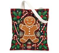Gingerbread Man Christmas Plaid Canvas Tote Bag 13x15 Inch | Gingerbread Man Pattern, Holly Leaves And Berries, Candy Cane Accents, Traditional Plaid Background, Winter Seasonal Theme