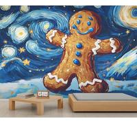 Gingerbread Man Mural Blue Swirl Accent Wallpaper Stars Wallpaper Abstract Kids Wall Paper for Bedroom Living Room Mural Poster Decor 150X105cm