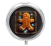 Gingerbread Man on Wooden Board Round Pill Box Travel Portable Pill Case 23 Compartment Medicine Metal Tablet Vitamin Holder Organizer for Purse Pocket