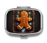 Gingerbread Man on Wooden Board Square Pill Box Travel Portable Pill Case 2 Compartment Medicine Metal Tablet Vitamin Holder Organizer for Purse Pocket