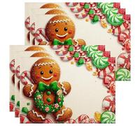 Gingerbread Man Placemats, Candy Cane and Holiday Treats Place Mats for Dining Table, Christmas Non-Slip Washable Indoor Outdoor Kitchen Party Set of 6